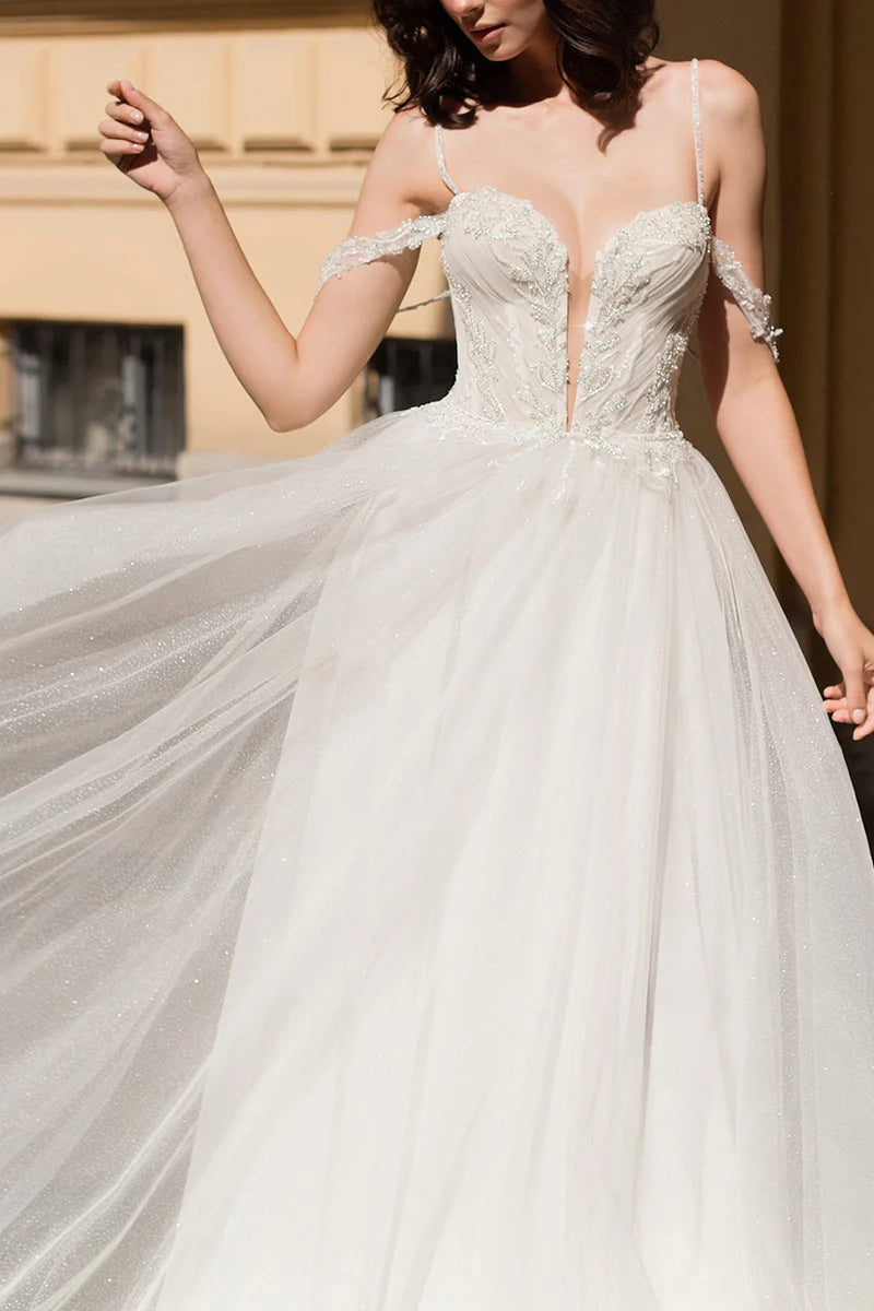 A line Deep V neck Beads Side Slit Wedding Dress