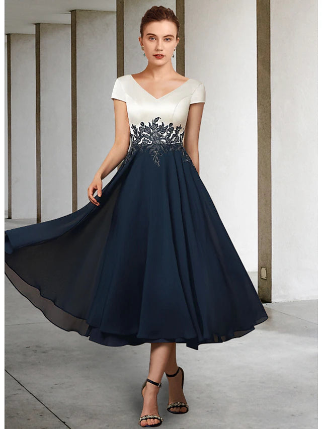 A-Line Mother of the Bride Dress Elegant V Neck Tea Length Chiffon Satin Lace Short Sleeve with Pleats Appliques