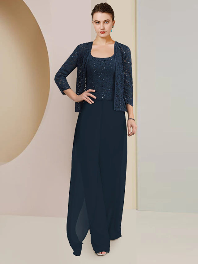 Jumpsuit / Pantsuit 3 Piece Mother of the Bride Dress Formal Wedding Guest Plus Size Elegant Scoop Neck Floor Length Chiffon Lace Sleeveless Wrap Included with Sequin