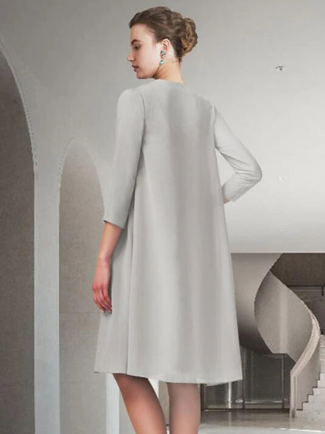 Two Piece A-Line Mother of the Bride Dress Church Elegant Jewel Neck Knee Length Chiffon Sleeveless with Pleats Ruched