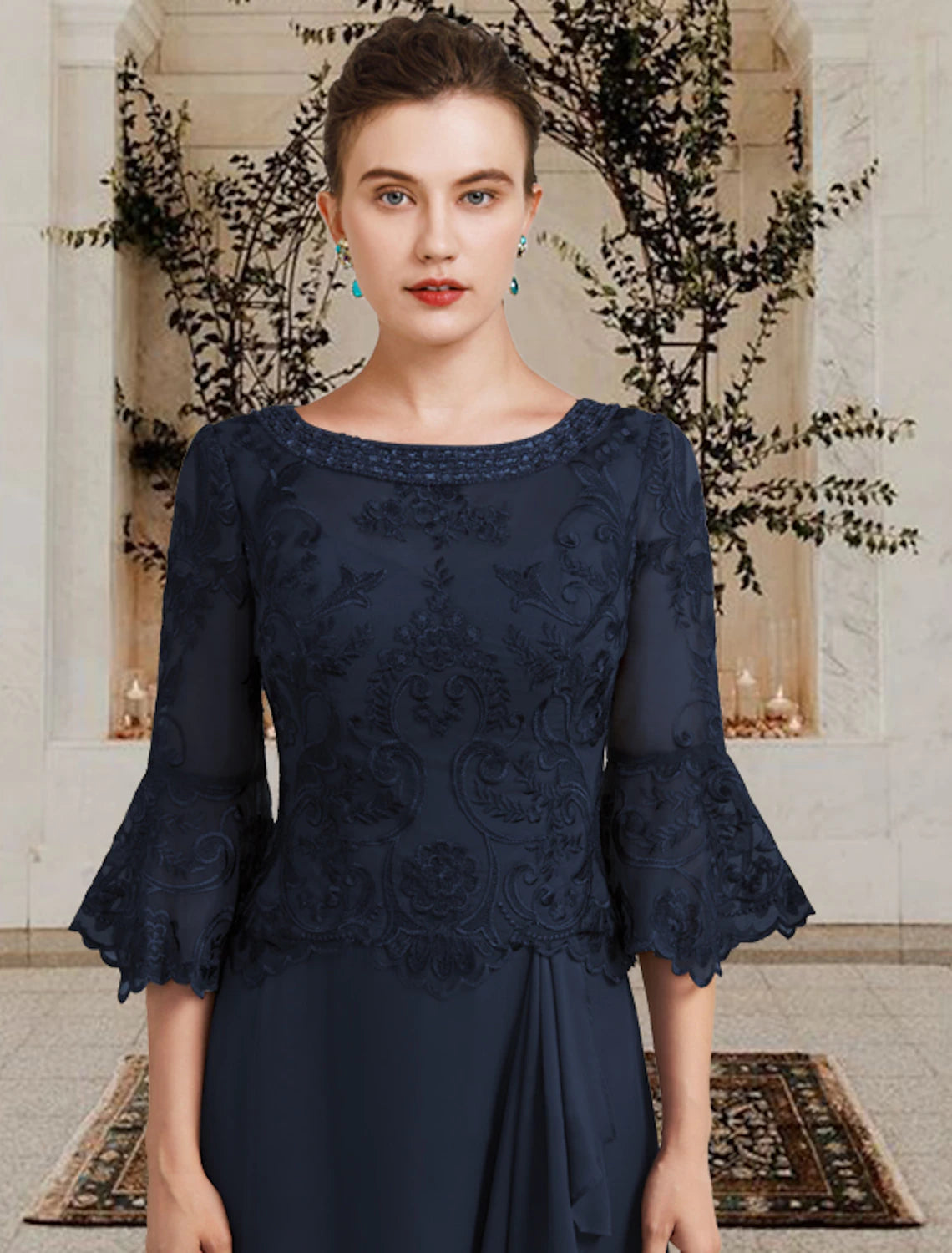 Etuikleid/Säulenkleid für die Brautmutter, Übergröße, elegant, mit Rundhalsausschnitt, bodenlang, Chiffon, Spitze, halbe Ärmel mit Pailletten-Applikationen