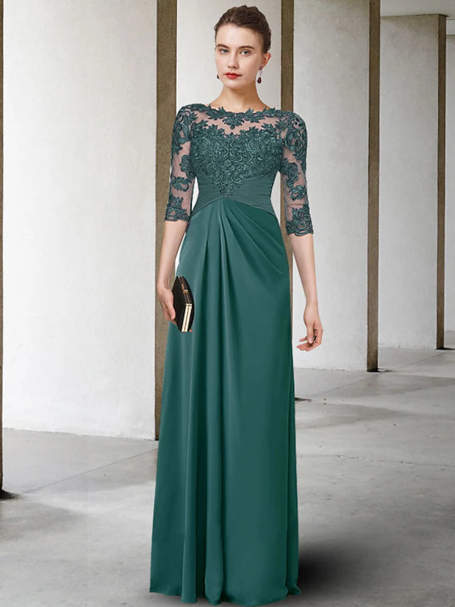 Sheath / Column Mother of the Bride Dress Plus Size Elegant Jewel Neck Floor Length Chiffon Lace Half Sleeve with Ruched Appliques