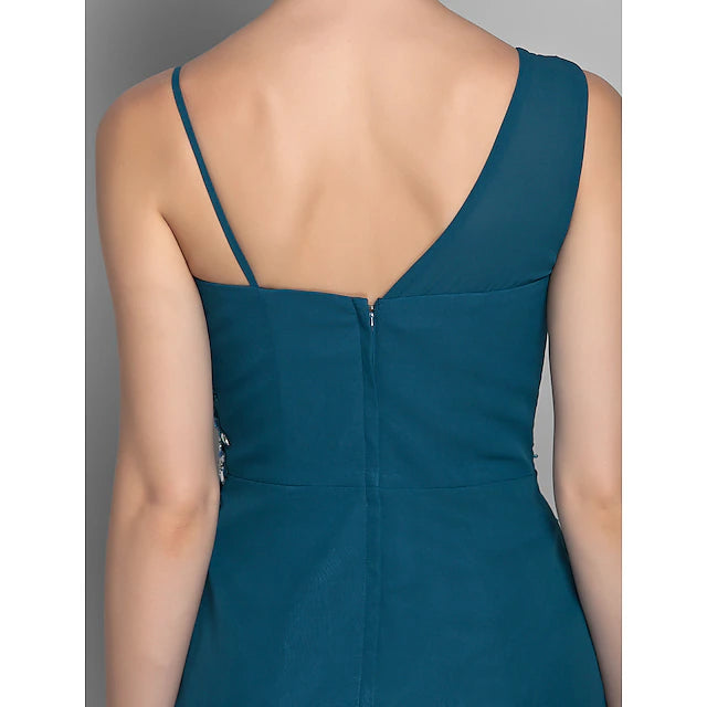 Sheath / Column Mother of the Bride Dress Furcal One Shoulder Floor Length Chiffon Sleeveless with Beading