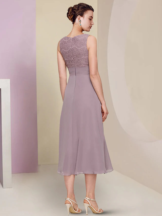 Two Piece Mother of the Bride Dress Wedding Guest Church Elegant Jewel Neck Tea Length Chiffon Lace Half Sleeve with Solid Color