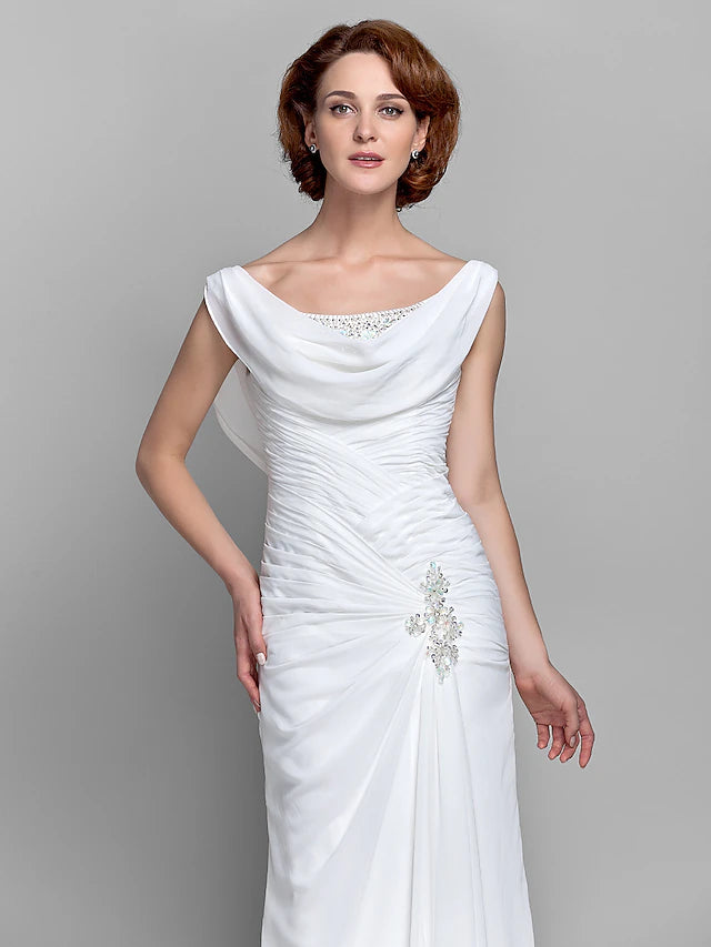 Sheath / Column Mother of the Bride Dress Vintage Inspired Cowl Neck Floor Length Chiffon Sleeveless with Buttons Criss Cross Crystals