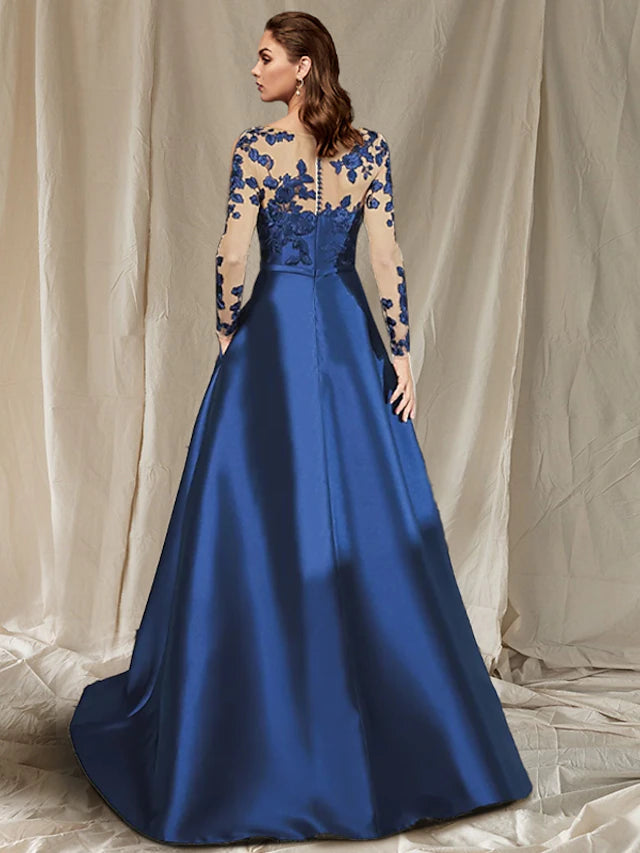 A-Line Mother of the Bride Dress Plus Size Elegant V Neck Floor Length Satin Lace Tulle Long Sleeve with Appliques Split Front