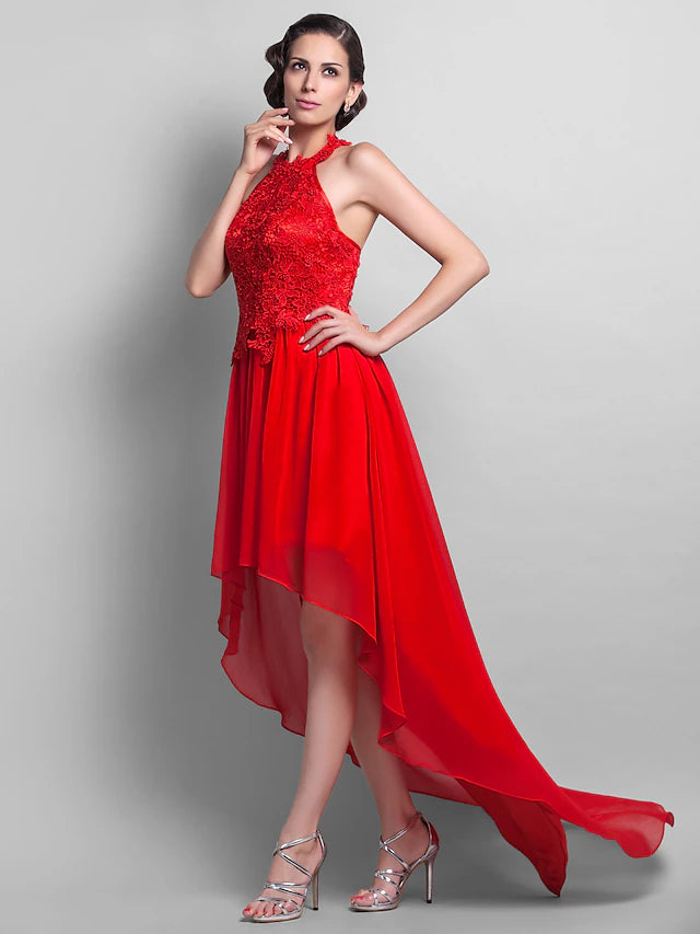 Sheath / Column Elegant Dress Wedding Guest Asymmetrical Sleeveless Halter Chiffon Backless with Appliques