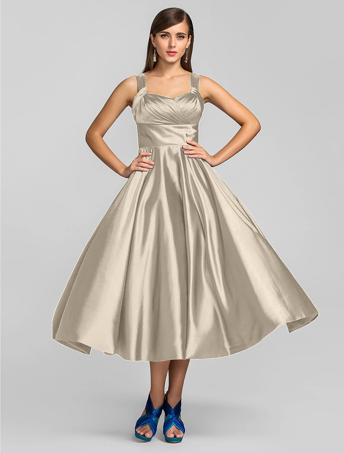 A-Linien-Minimalistisches Kleid für Hochzeitsgäste, Cocktailpartys, knielang, ärmellos, quadratischer Ausschnitt, Stretch-Satin mit überkreuzten Trägern