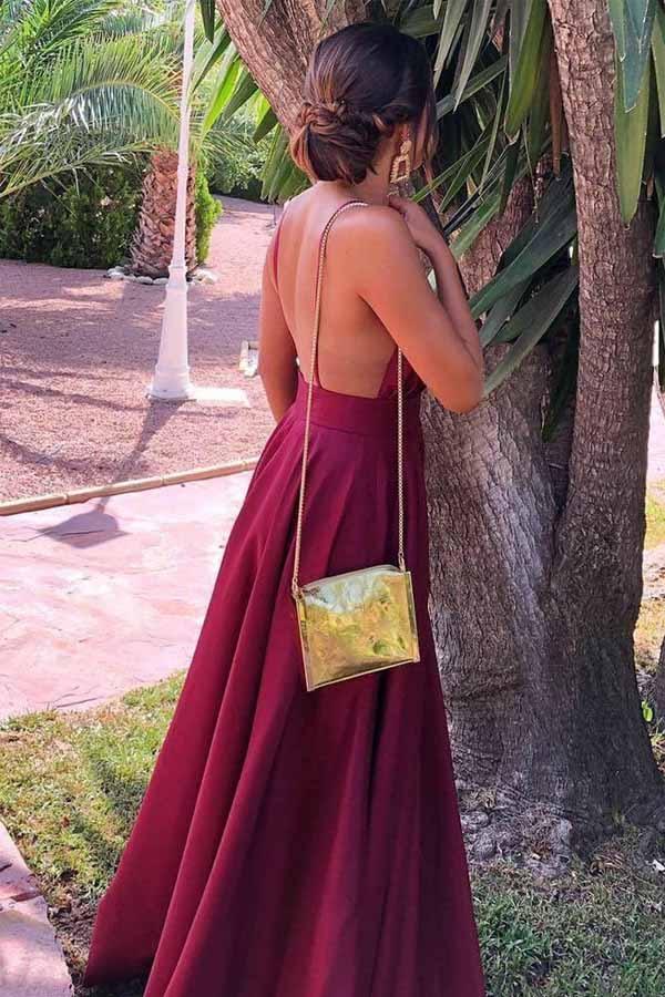 A-line Gorgeous V Neck Burgundy Satin Long Prom Dresses Formal Dress