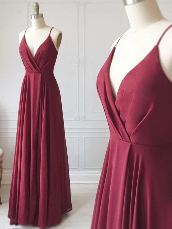 A Line V Neck Pleated Long Prom Dresses