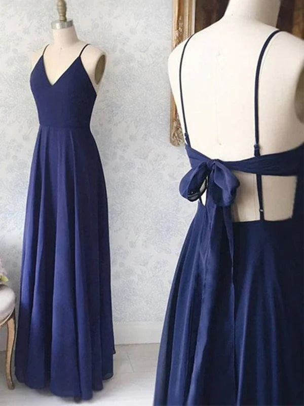 A Line V Neck Backless Long Prom Dresses