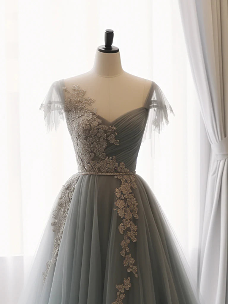 A-Line Sweetheart Neck Tulle Lace Long Prom Dress