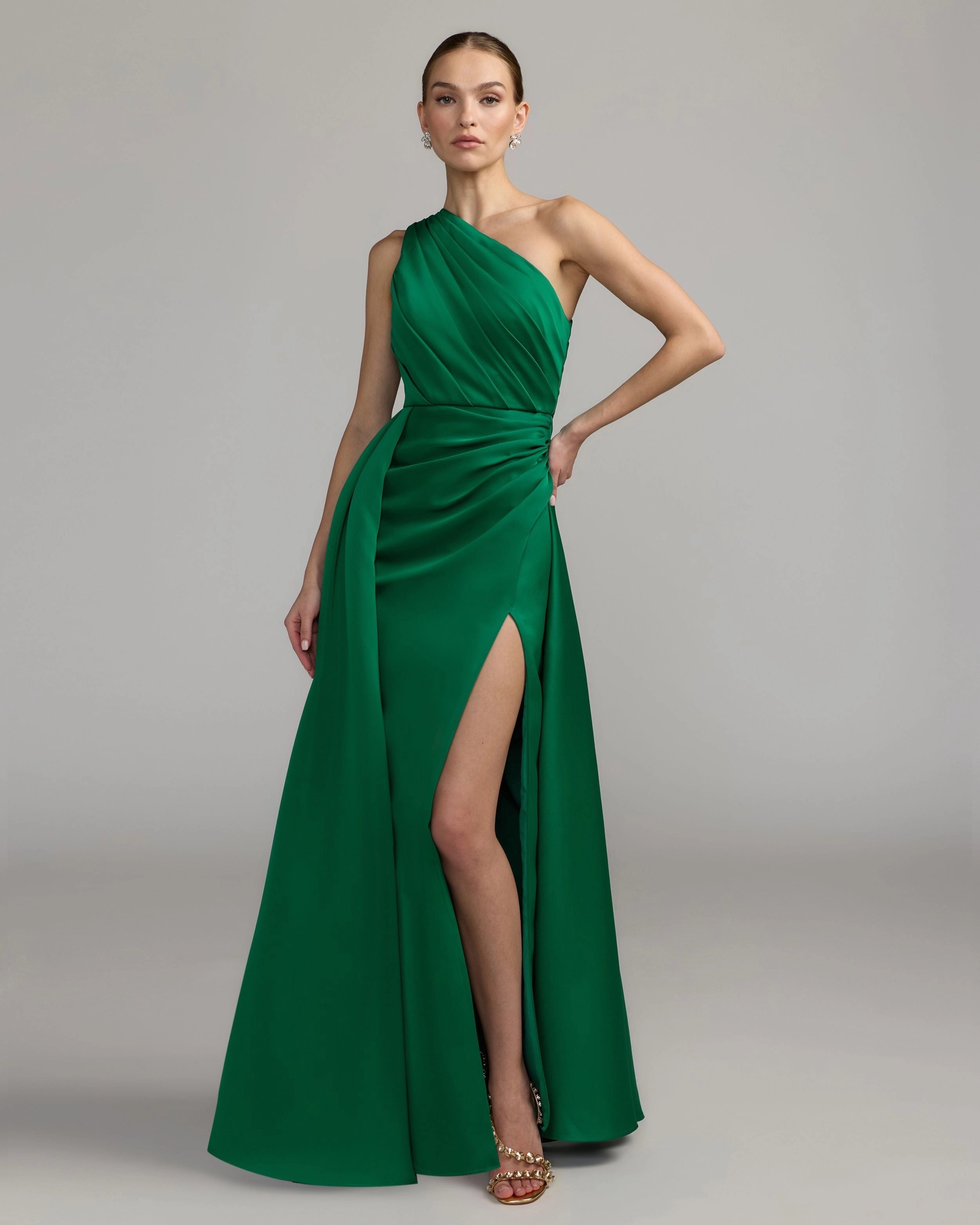 Green Satin One Shoulder Pleated High Slit Evening Gown