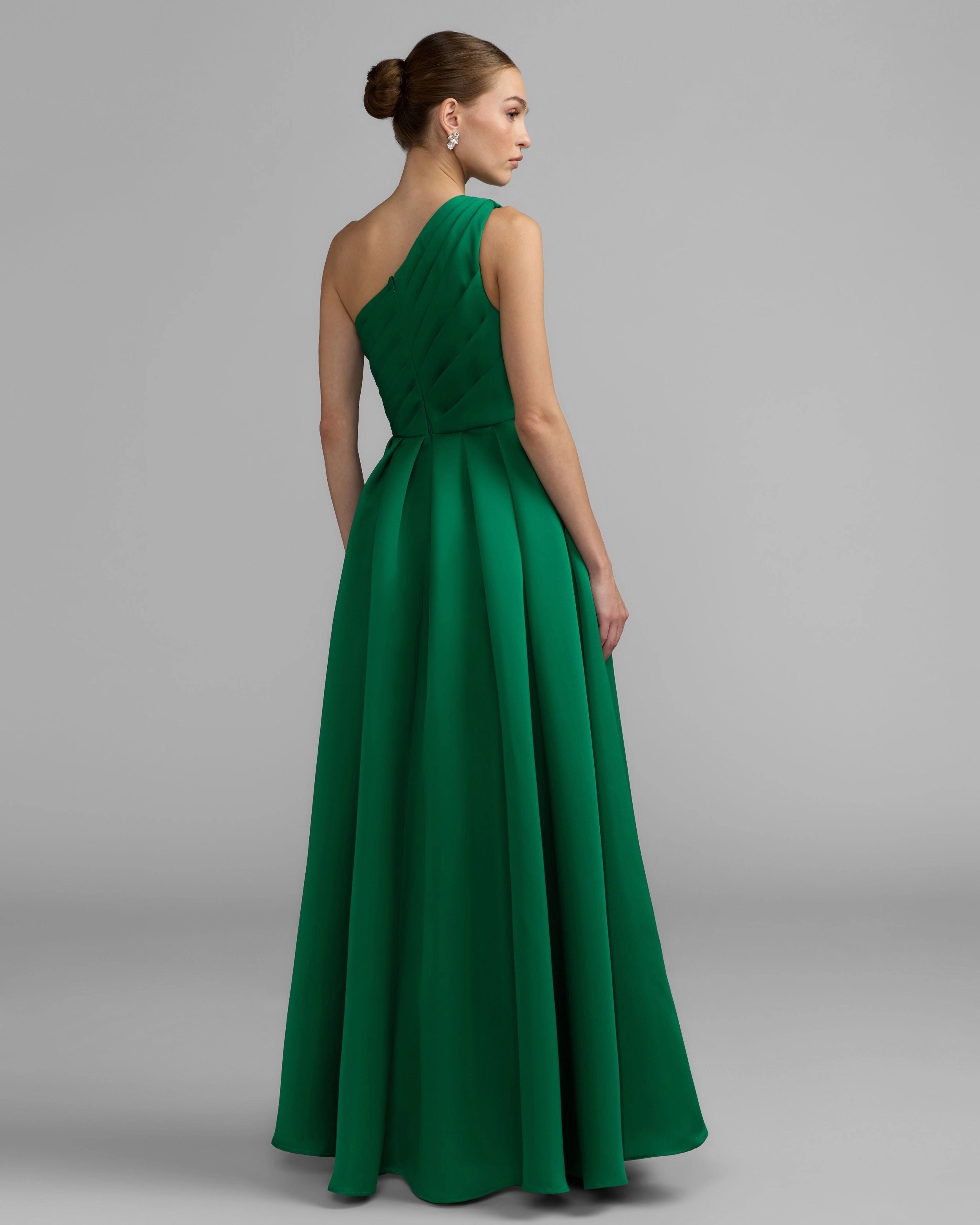 Green Satin One Shoulder Pleated High Slit Evening Gown
