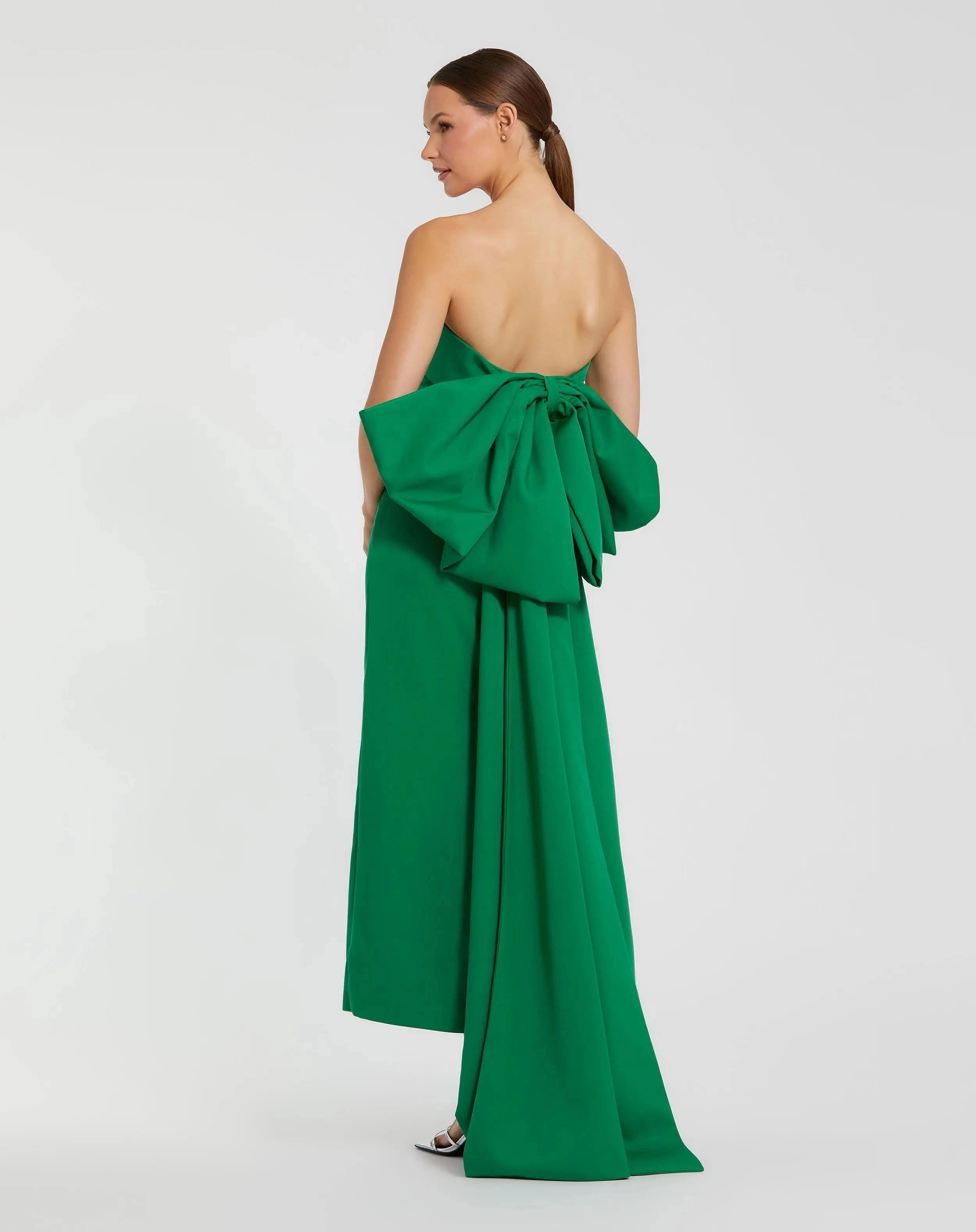 Strapless green midi gown big back bow slit prom dress