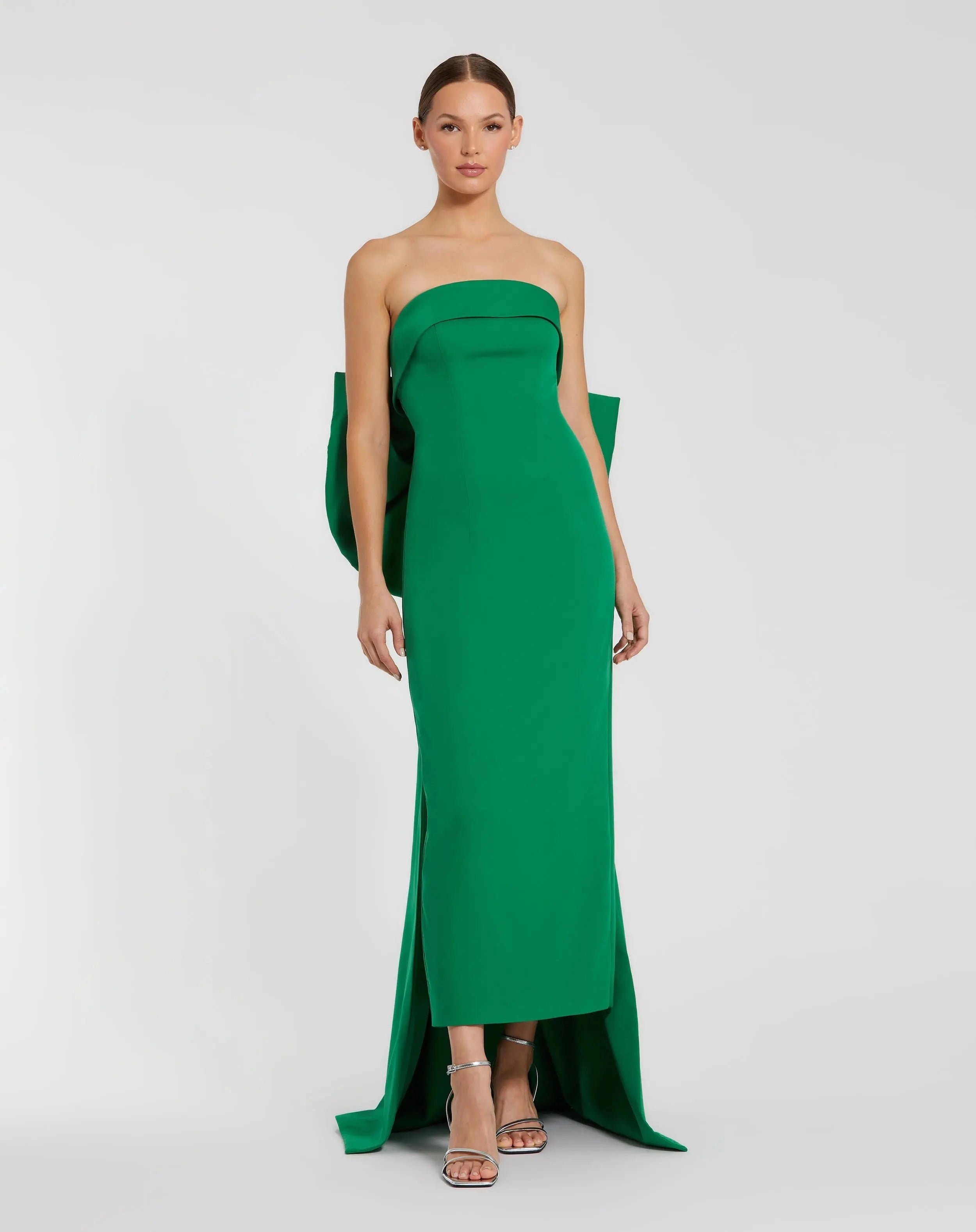 Strapless green midi gown big back bow slit prom dress