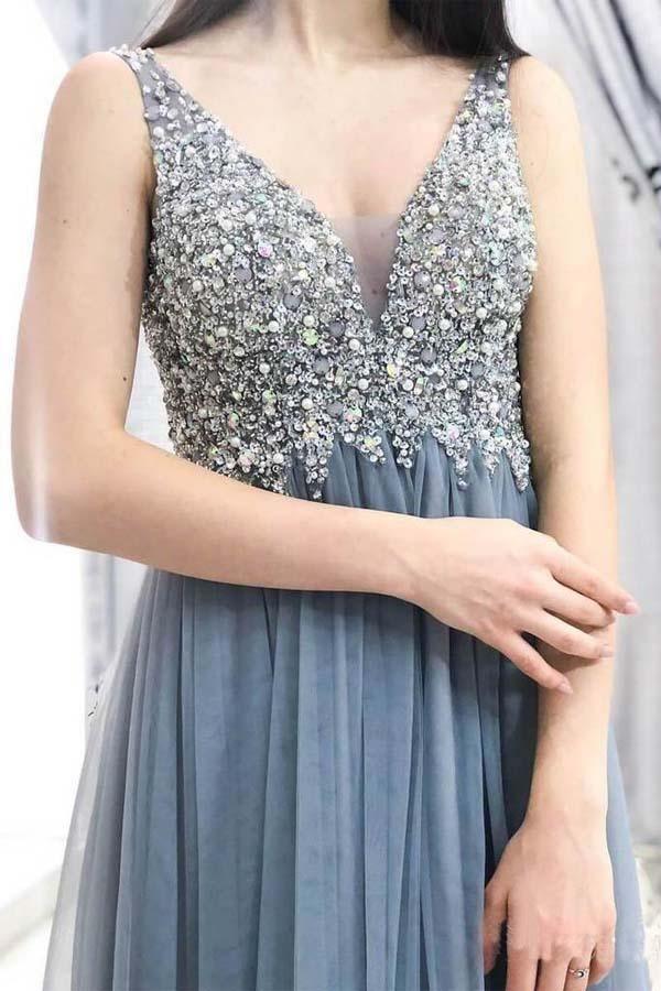 A-line V Neck Tulle Grey Beaded Long Prom Dresses Long Evening Dress