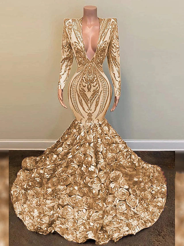 Mermaid / Trumpet Sparkle Evening Dress Sexy Engagement Formal Floral Wedding Dress V Neck Long Sleeve Chapel Train Sequined African