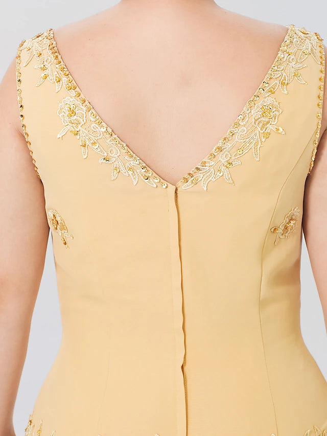 A-Line Mother of the Bride Dress Formal Plus Size Elegant High Low V Neck Asymmetrical Chiffon Beaded Lace Long Sleeve Wrap Included with Beading Appliques