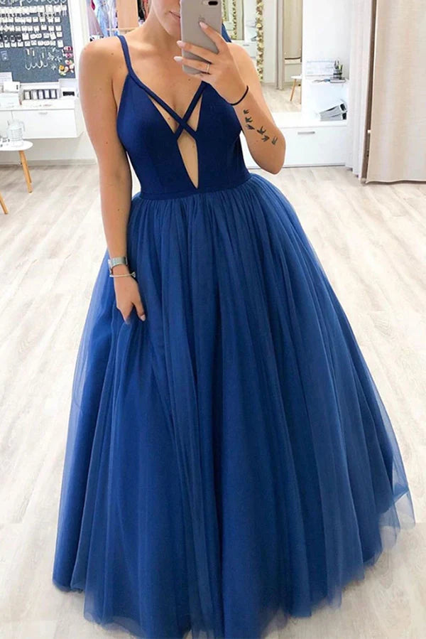 A-line Ball Gown Deep V-neck Long Prom Dresses with Straps