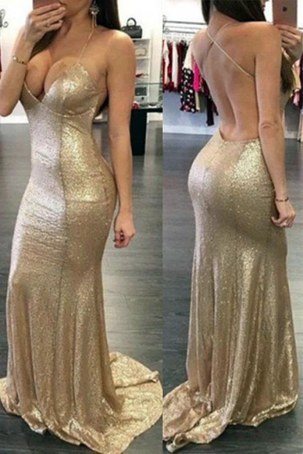 A-line Halter Deep V-Neck Open Back Prom Dress with Train