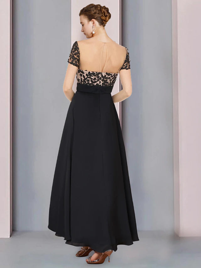 Sheath / Column Mother of the Bride Dress Wedding Guest Vintage Elegant Scoop Neck Asymmetrical Chiffon Short Sleeve with Lace Pleats