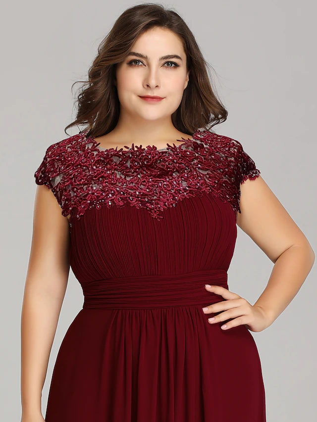 A-Line Mother of the Bride Dress Plus Size Jewel Neck Floor Length Chiffon Short Sleeve with Lace Ruching