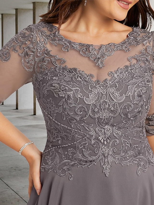 A-Line Plus Size Curve Mother of the Bride Dresses Elegant Dress Formal Asymmetrical Half Sleeve Jewel Neck Chiffon with Beading Appliques