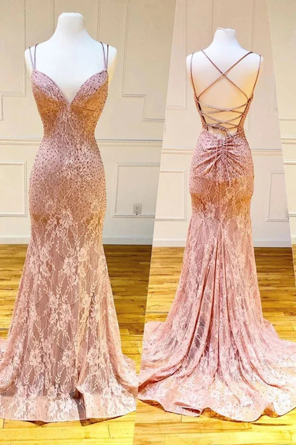 Simple Mermaid Trumpet Prom Dress Spaghetti Straps Lace Evening Dress