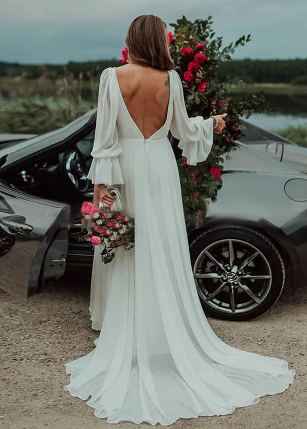 A-Line Beach V-Neck Long-Sleeve High Slit Romantic Chiffon Wedding Dresses