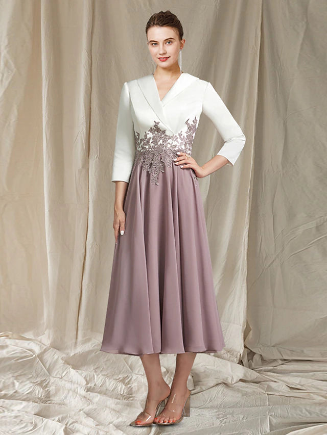 A-Line Mother of the Bride Dress Elegant Scoop Neck Tea Length Chiffon Satin Lace 3/4 Length Sleeve with Pleats Appliques Color Block