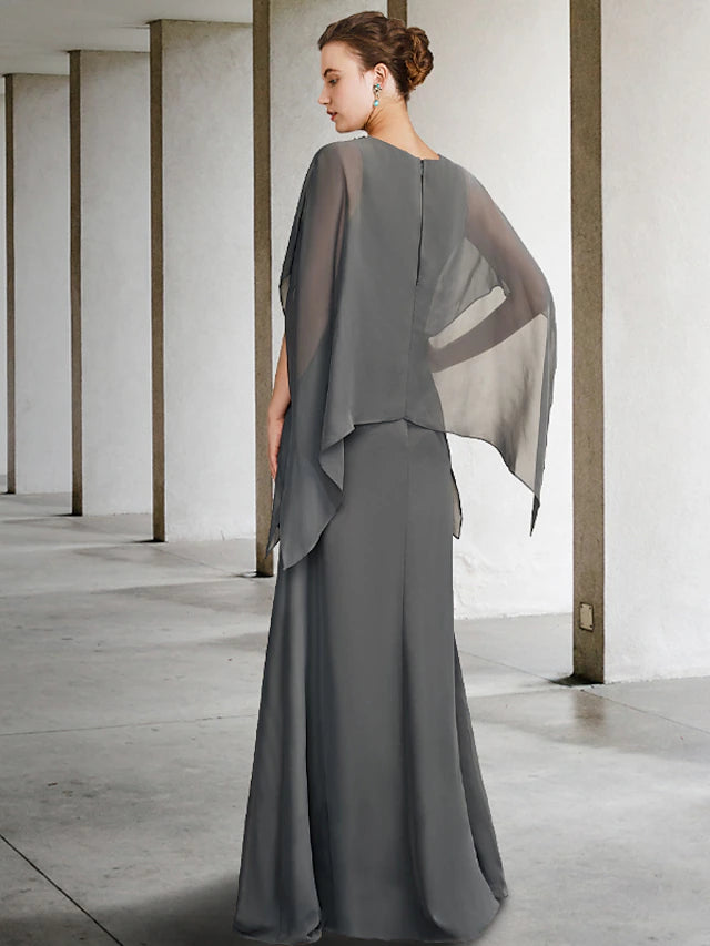 A-Line Mother of the Bride Dress Luxurious Elegant V Neck Floor Length Chiffon Sleeveless Shawls with Beading Ruffles