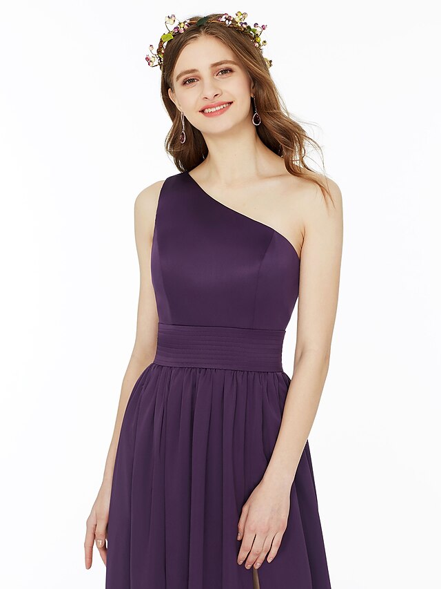 Ballkleid / A-Linie Brautjungfernkleid Ein-Schulter Ärmellos Bodenlang Chiffon mit Schärpe / Band / Falten / Vorne geschlitzt