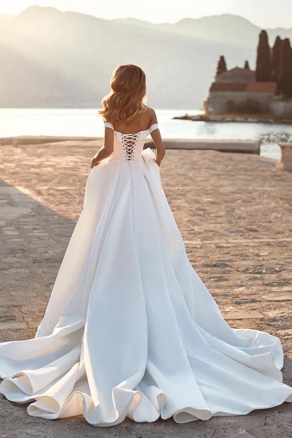 A-line off the Shoulder Ruched Satin Long Wedding Dress with Crystals