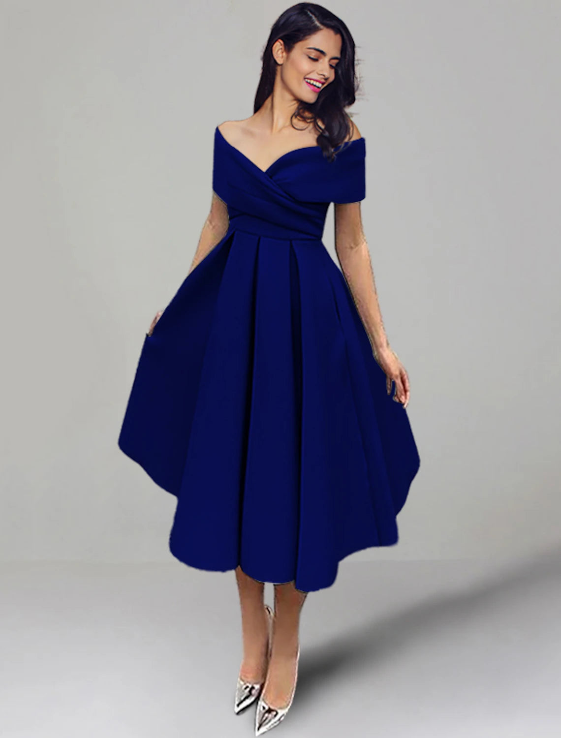 A-Line Wedding Guest Dresses 1950s Dress Summer Tea Length Sleeveless Off Shoulder Satin with Ruched