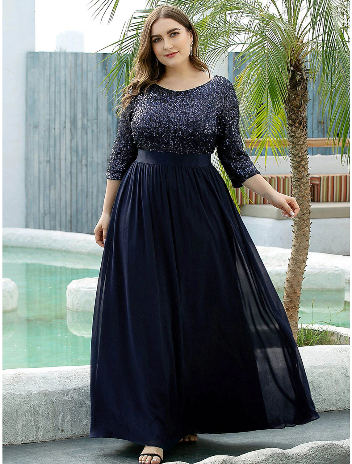 A-Line Mother of the Bride Dress Plus Size Elegant Jewel Neck Floor Length Tulle Sequined 3/4 Length Sleeve with Sequin
