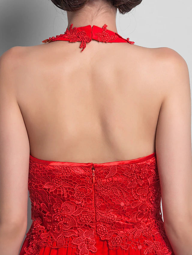 Sheath / Column Elegant Dress Wedding Guest Asymmetrical Sleeveless Halter Chiffon Backless with Appliques