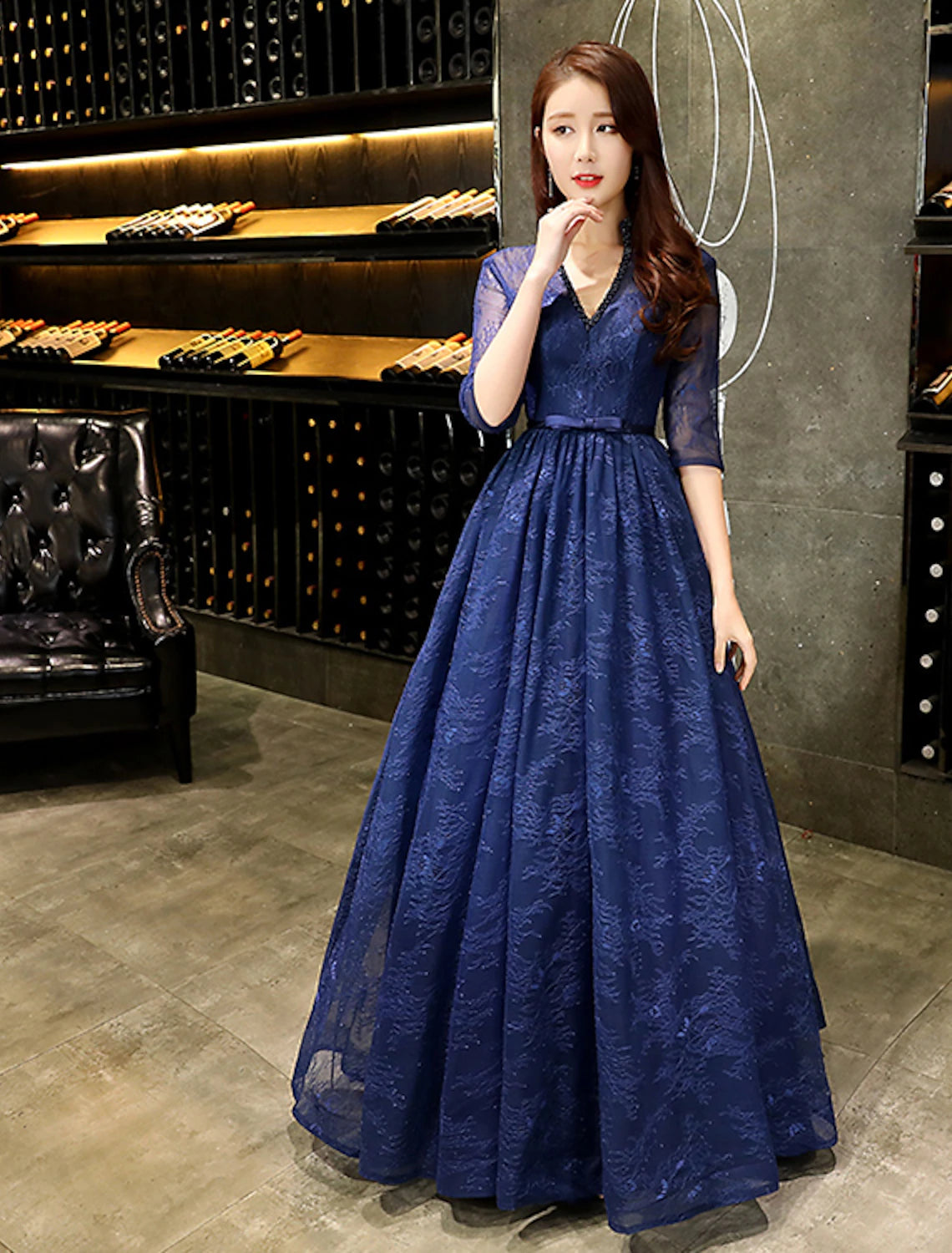 A-Line Evening Gown Beautiful Back Dress Wedding Guest Floor Length Half Sleeve V Neck Lace with Beading