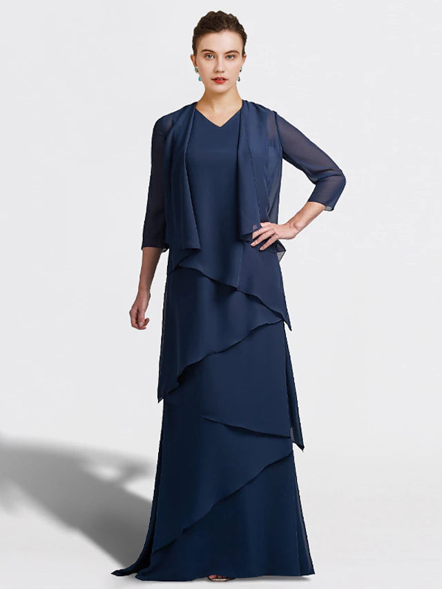 Two Piece A-Line Mother of the Bride Dress Plus Size Elegant V Neck Floor Length Chiffon Sleeveless Wrap Included with Ruffles