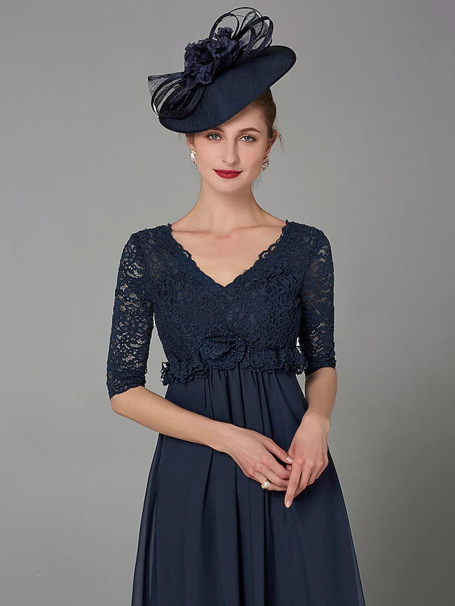 A-Line Mother of the Bride Dress Elegant & Luxurious V Neck Floor Length Chiffon Lace Half Sleeve with Lace Bow(s)