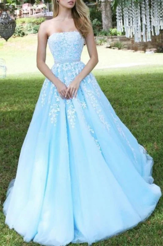 A-line Strapless Appliques Tulle Floor length Prom Dress