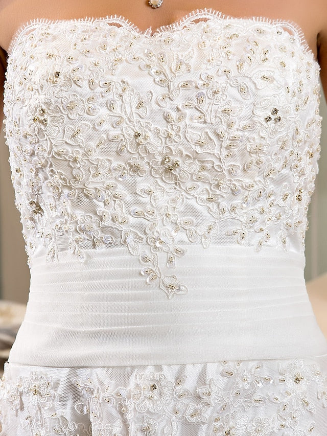 Little White Dresses Wedding Dresses Asymmetrical A-Line Strapless Sweetheart Lace With Appliques Button