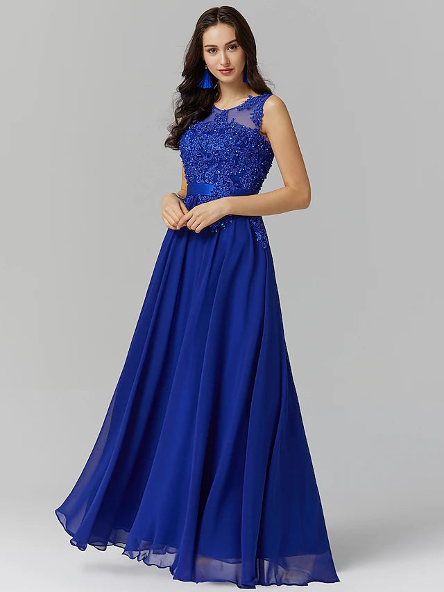 A-Linie Brautjungfernkleid mit Rundhalsausschnitt, ärmellos, elegant, bodenlang, Chiffon/Spitze mit Applikationen