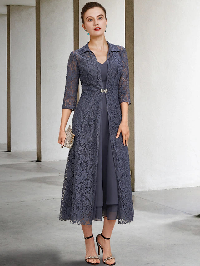 A-Line Mother of the Bride Dress Elegant V Neck Tea Length Chiffon Lace Sleeveless Jacket Dresses with Tier Solid Color
