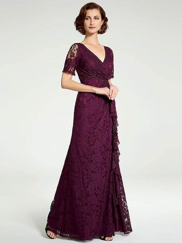 Sheath / Column Mother of the Bride Dress V Neck Floor Length Lace Short Sleeve with Lace Beading