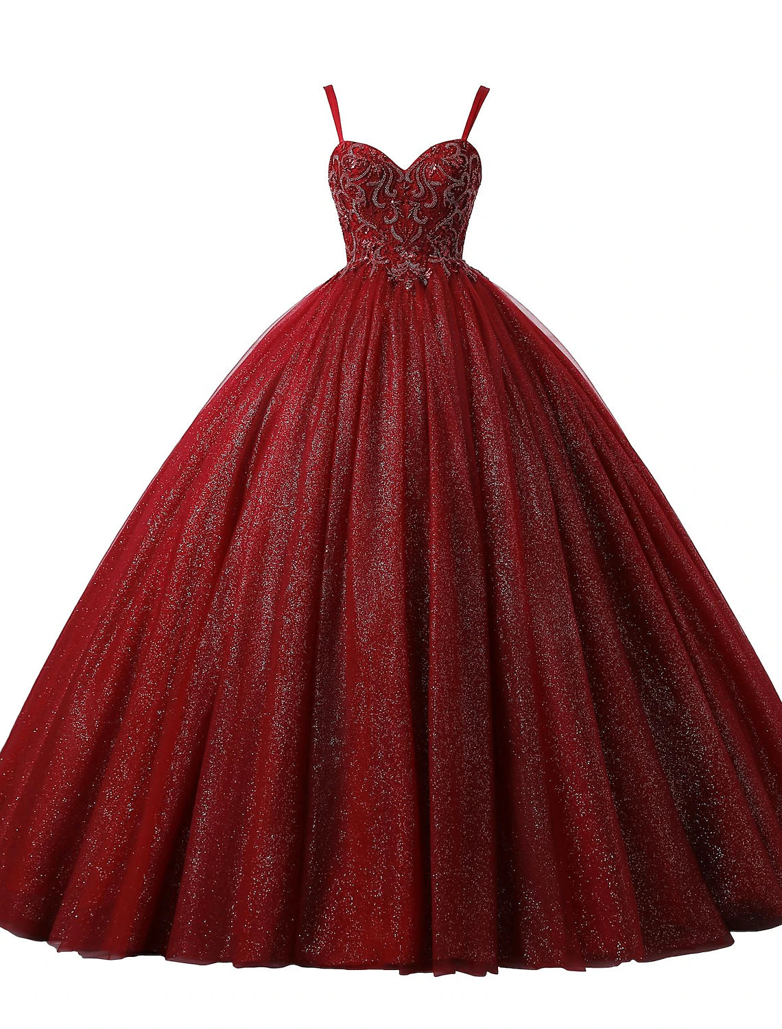 Ballkleid, Ballkleider, Prinzessinnenkleid, Abschlussfeier, Quinceanera, bodenlang, ärmellos, Spaghettiträger, Spitze mit Perlenapplikationen