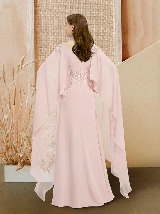 A-Line Elegant Cute Prom Formal Evening Dress V Neck Long Sleeve Floor Length Chiffon with Appliques
