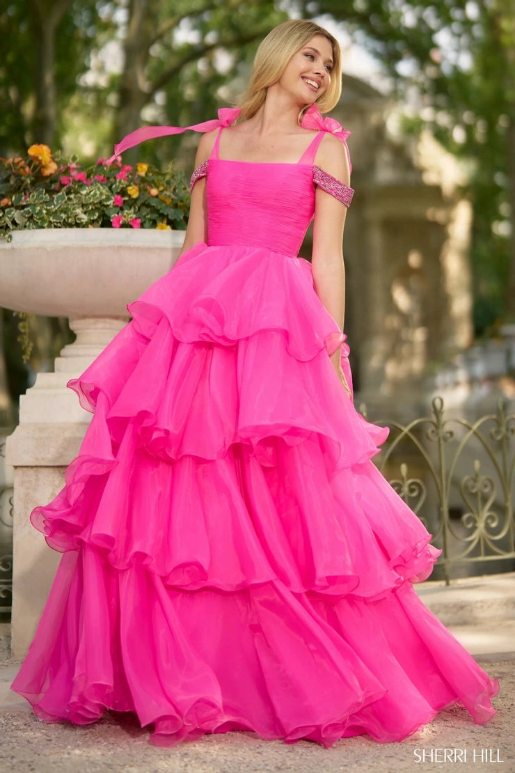 Hot Pink Ruffled A Line Square Neck Tiered Open Back Long Prom Dress