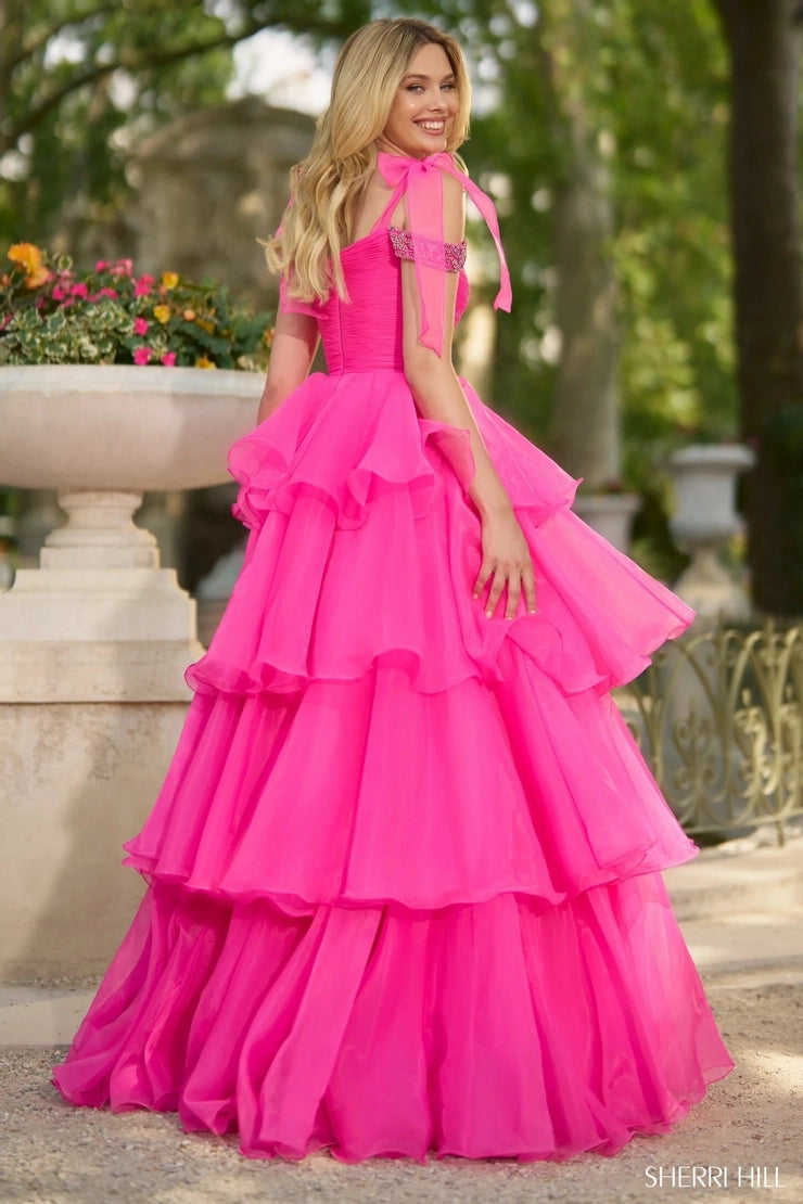 Hot Pink Ruffled A Line Square Neck Tiered Open Back Long Prom Dress