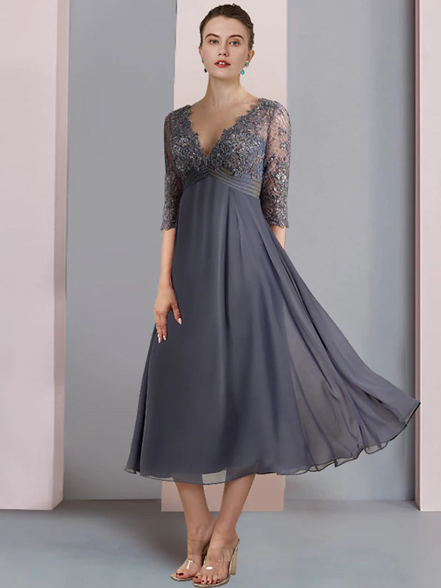 A-Line Mother of the Bride Dress Formal Wedding Guest Vintage Elegant V Neck Tea Length Chiffon Lace Half Sleeve with Beading Sequin Appliques